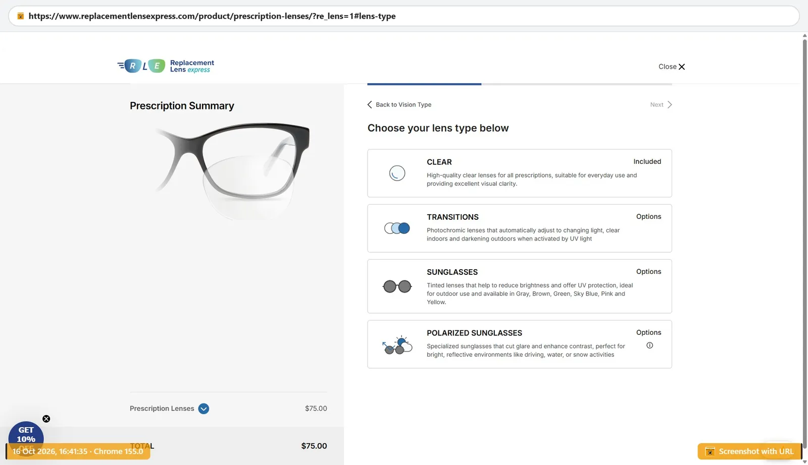 Replacement Lens Express configurator choosing lens type among clear, Transitions, sunglasses and polarized