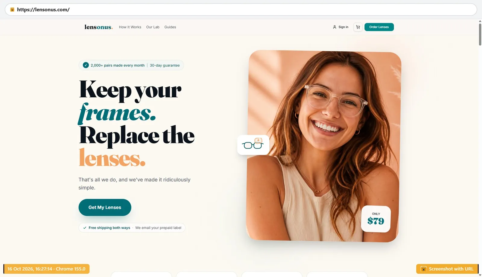 LensOnUs homepage showing prescription lens replacement for $79 with free shipping both ways, October 2026