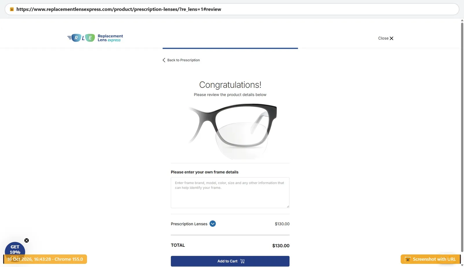 Replacement Lens Express review step showing prescription lenses total $130.00