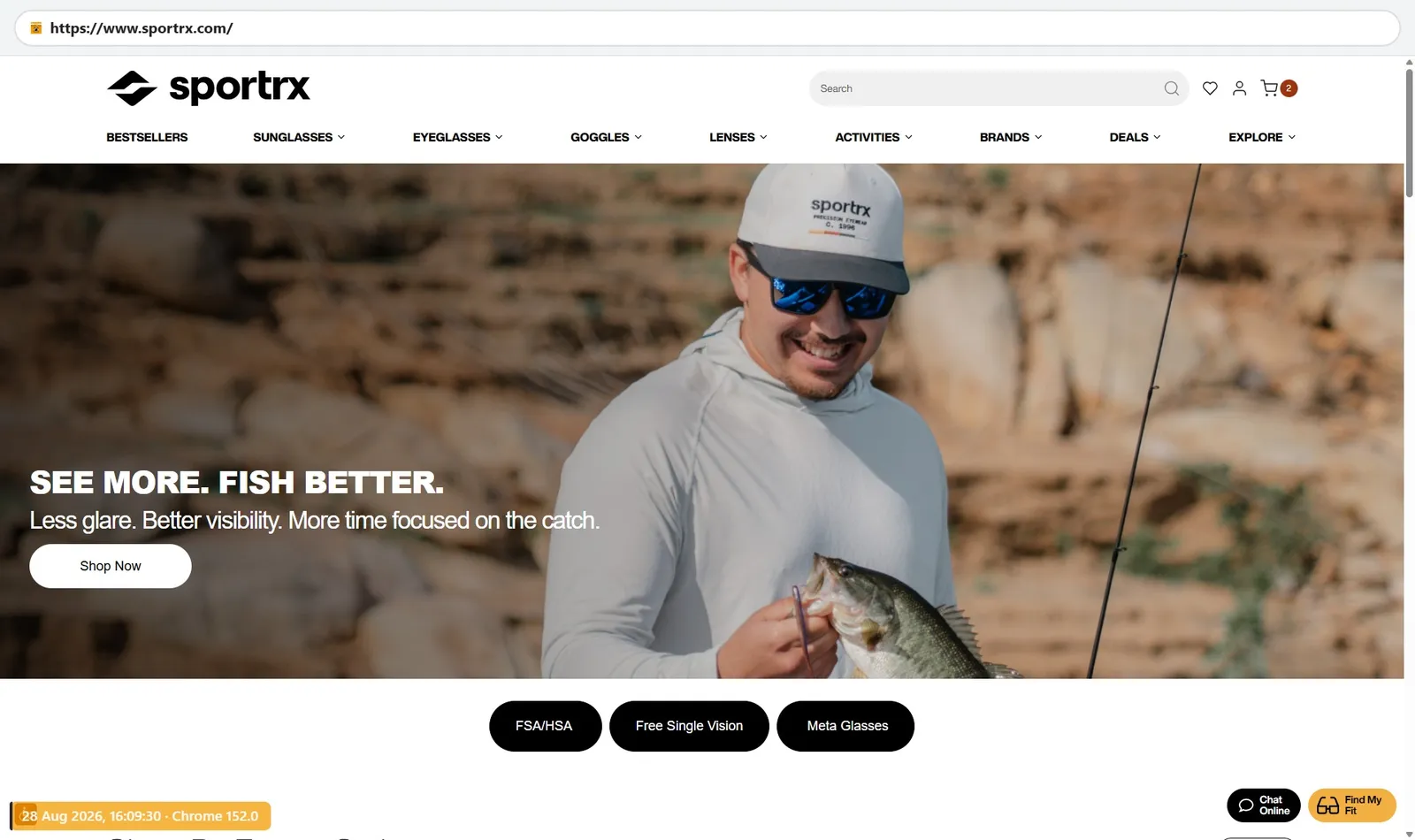SportRx homepage featuring sport and fishing sunglasses