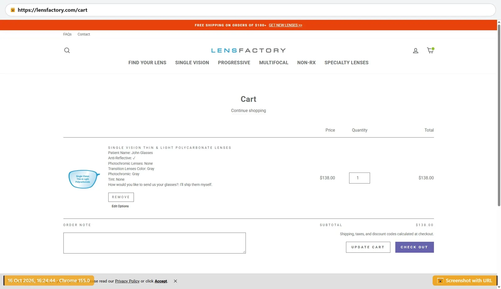 Lens Factory cart showing the tested lens configuration and a total of $138
