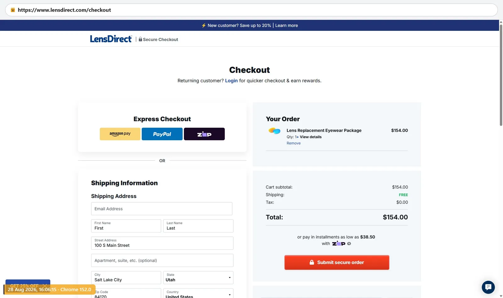 LensDirect checkout for lens replacement package, $154.00 total with free shipping