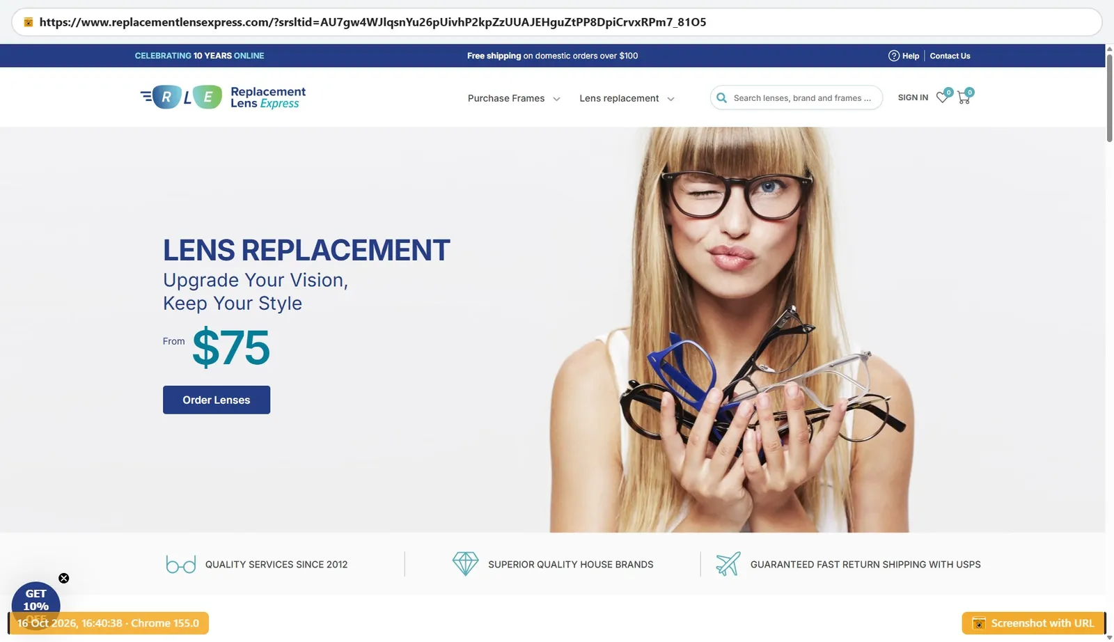 Replacement Lens Express homepage advertising lens replacement from $75 with free shipping over $100