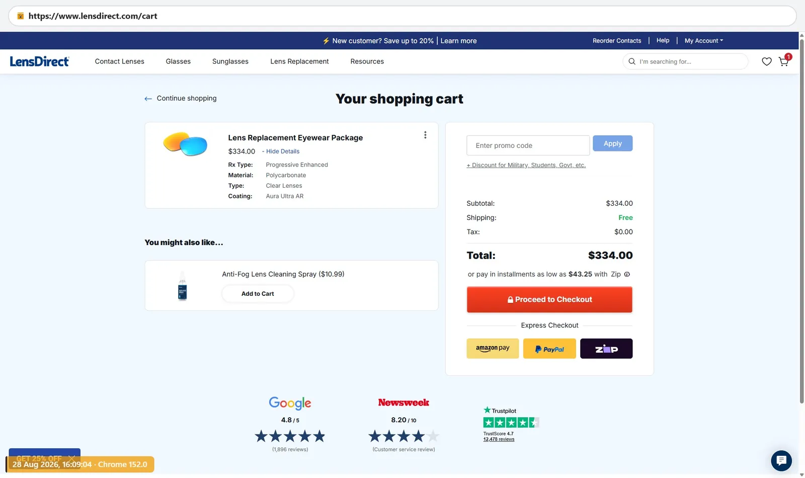 LensDirect shopping cart for progressive enhanced lenses with polycarbonate and Aura Ultra anti-reflective, $334