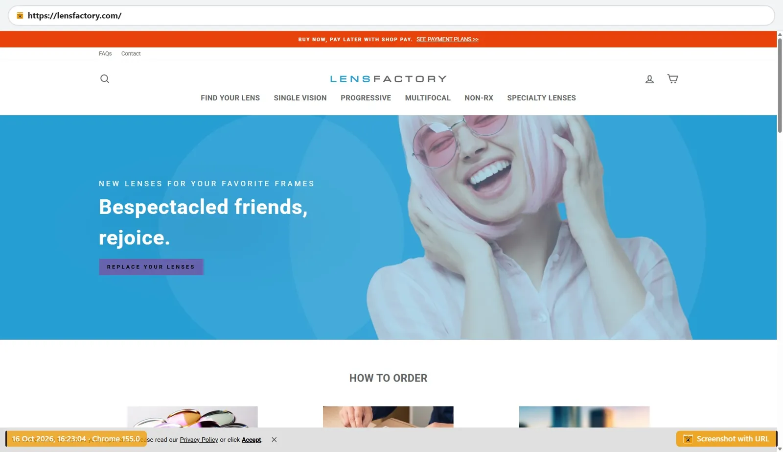 Lens Factory homepage introducing replacement lenses for existing frames