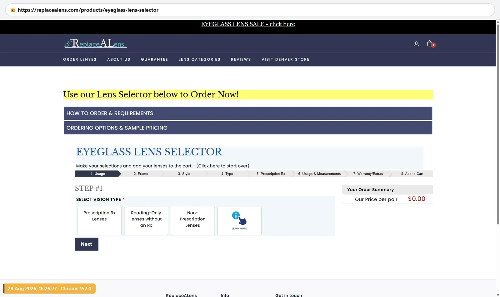 ReplaceALens eyeglass lens selector showing an 8-step ordering process from usage to add to cart