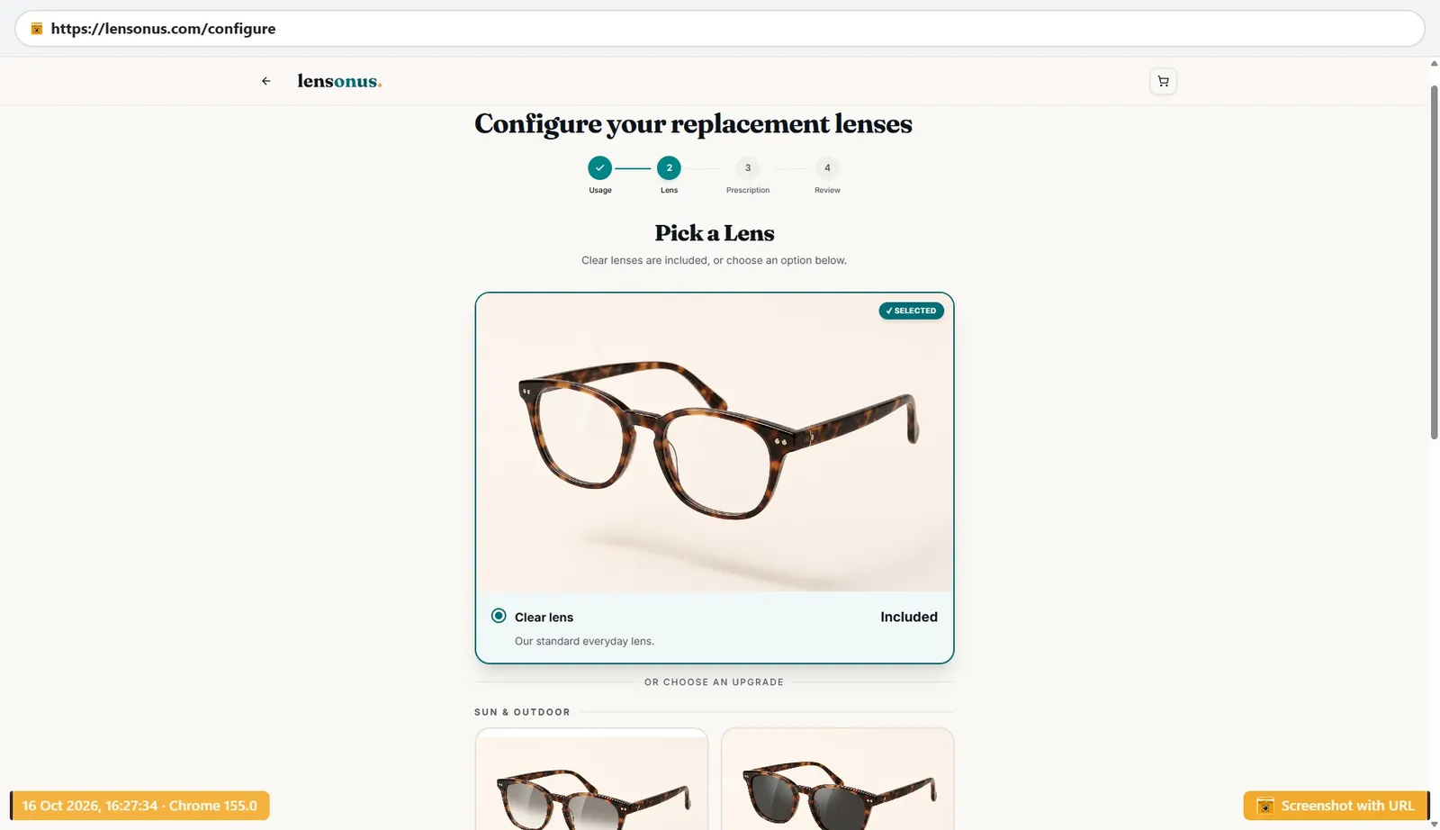LensOnUs lens configurator step 2 of 4 with clear lenses included in the price