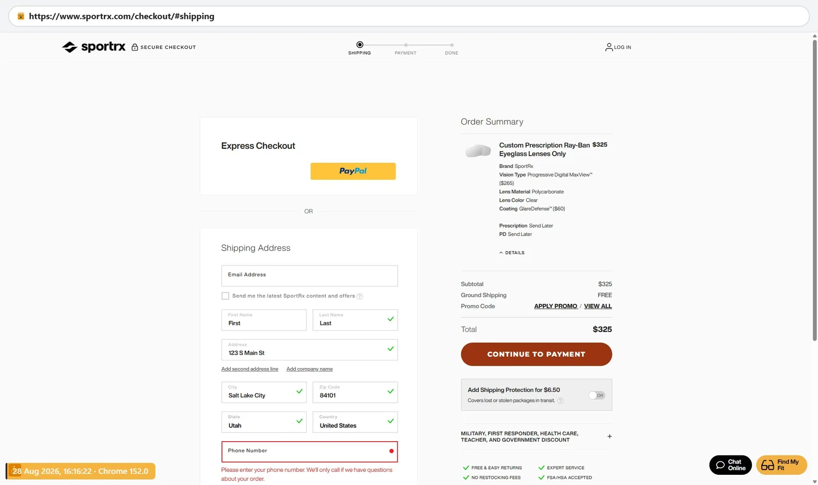 SportRx checkout showing $325 subtotal for custom prescription Ray-Ban lenses with free ground shipping