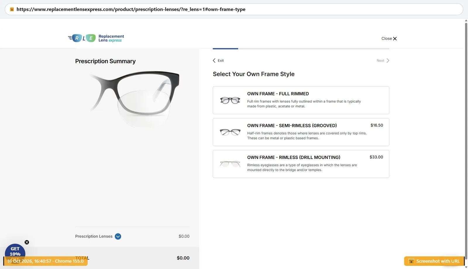 Replacement Lens Express step choosing own frame type with +$16.50 for semi-rimless and +$33 for rimless drill mounting