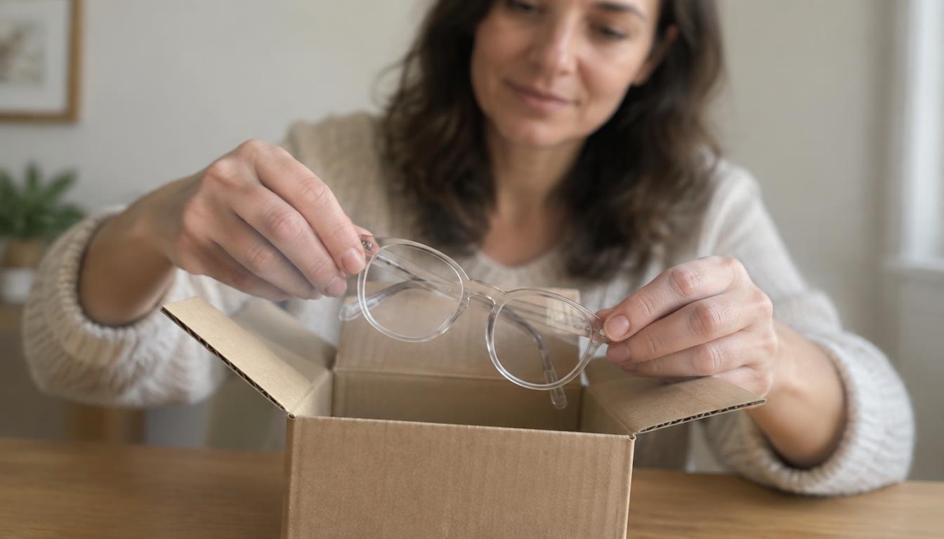 Customer placing their eyeglasses into an open shipping box to send in for new prescription lenses