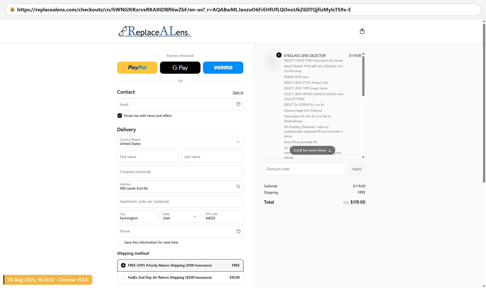 ReplaceALens checkout with $119.00 total and free USPS Priority return shipping