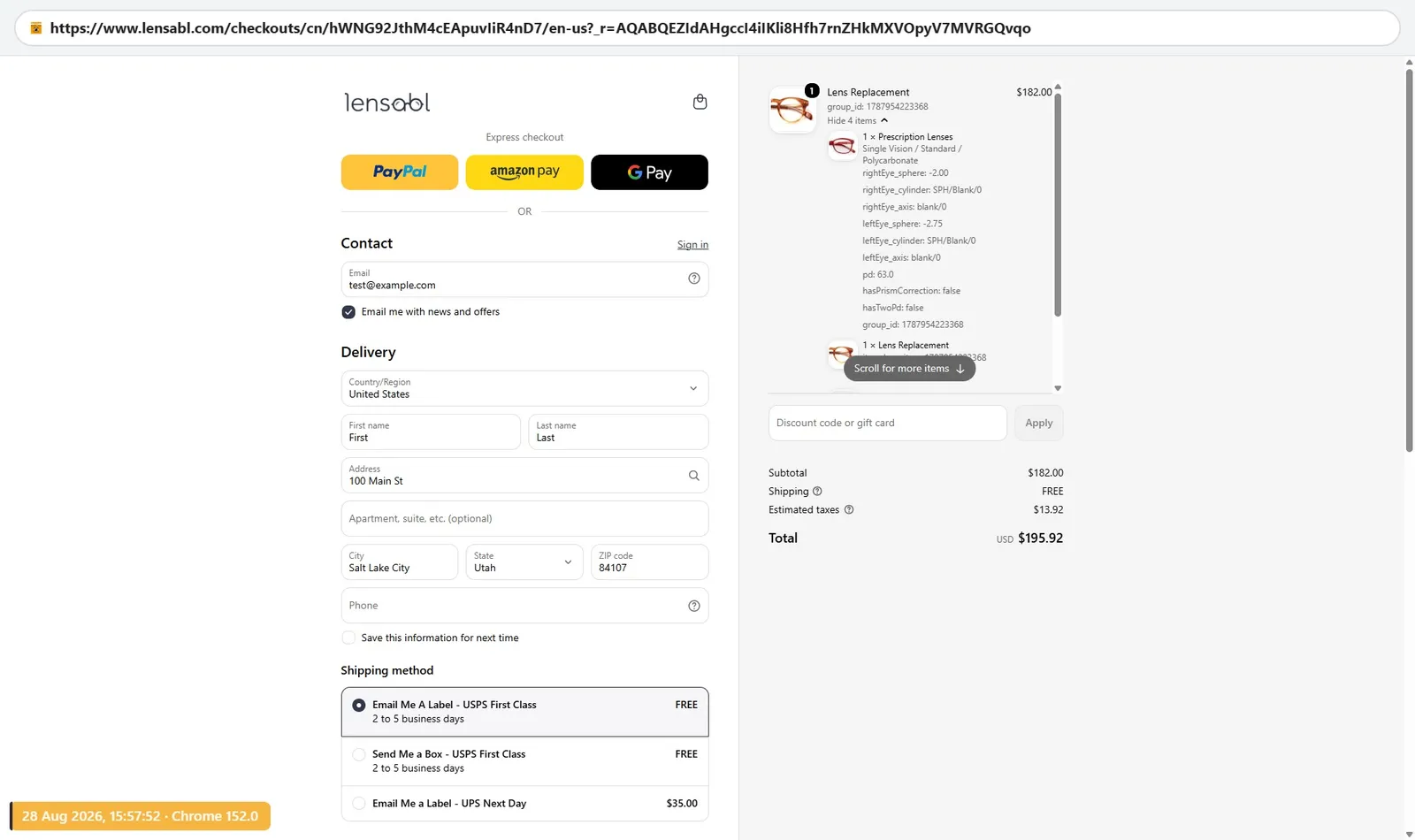 Lensabl checkout for single vision lens replacement, $182.00 subtotal, free shipping, about $14 estimated tax