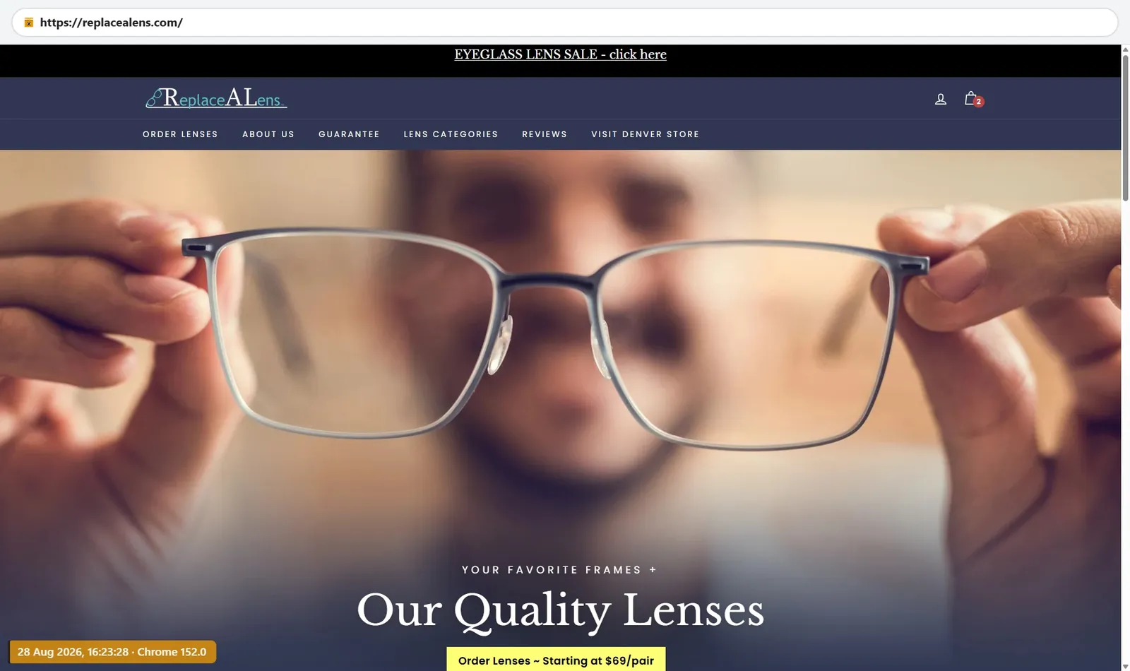 ReplaceALens homepage advertising lenses starting at $69 per pair