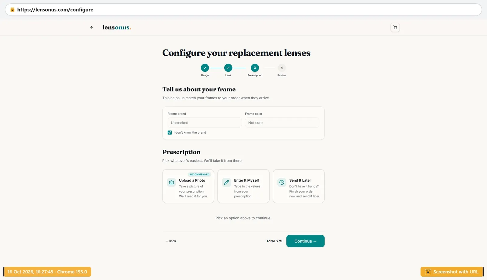LensOnUs configurator step 3 of 4 with options to upload a photo of the prescription, enter it manually, or send it later