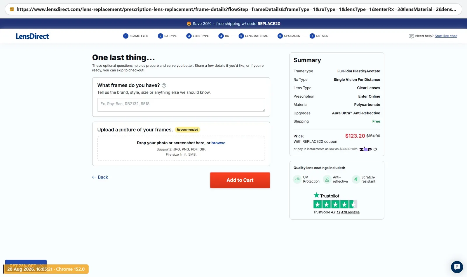 LensDirect lens replacement configurator step 7 of 7 with polycarbonate and Aura Ultra anti-reflective, price $154