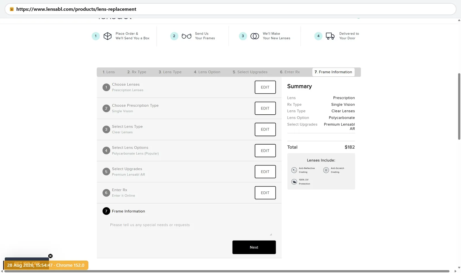 Lensabl 7-step lens configurator for single vision polycarbonate with Premium Lensabl AR, total $182