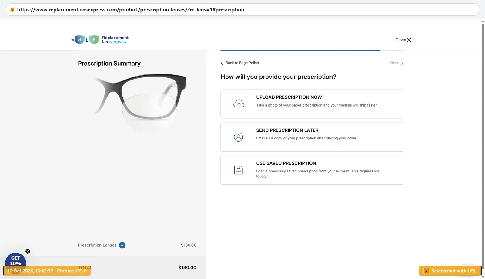 Replacement Lens Express step asking how the customer will provide a prescription: upload now, send later or use saved