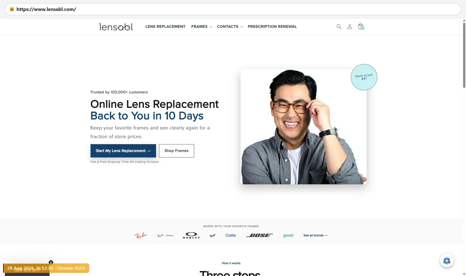 Lensabl homepage advertising online lens replacement starting at $97