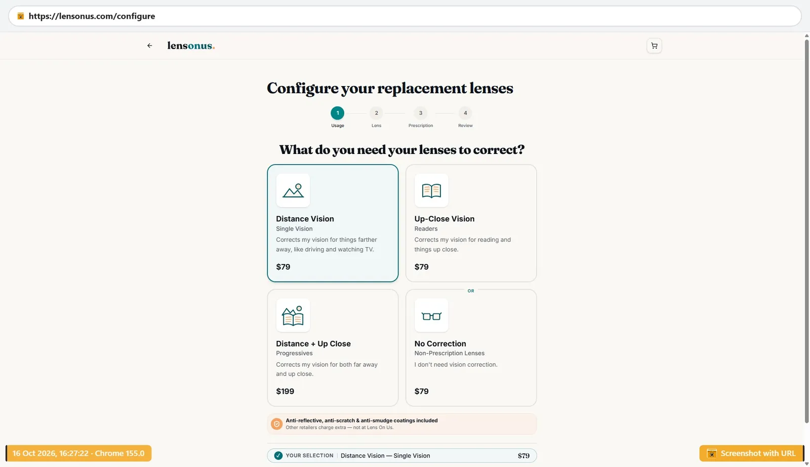 LensOnUs lens configurator step 1 of 4 choosing single vision for $79 with anti-reflective, anti-scratch and anti-smudge coatings included