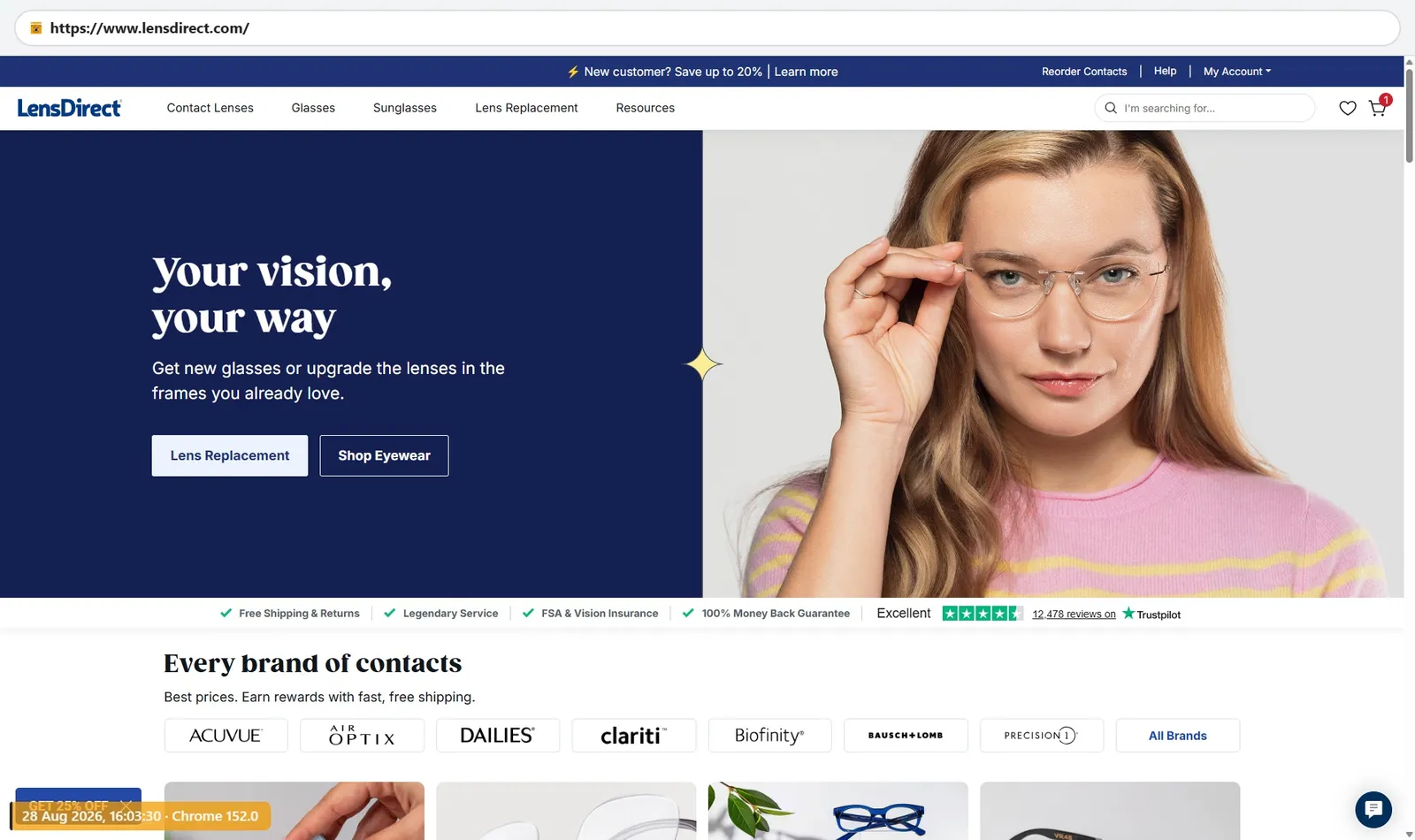 LensDirect homepage selling contact lenses, glasses, sunglasses and lens replacement