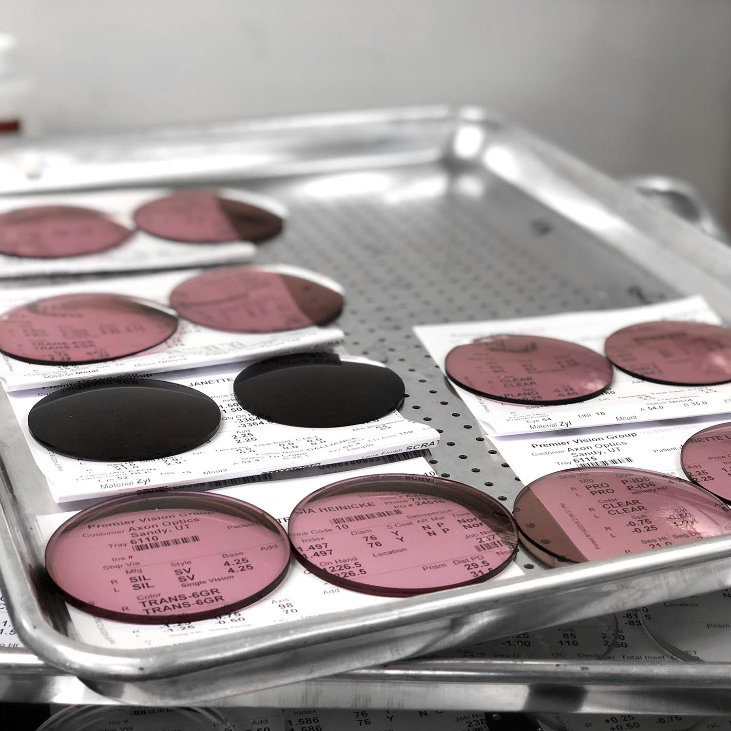 Premier FL-41 lenses on a tray in the LensOnUs Utah lab