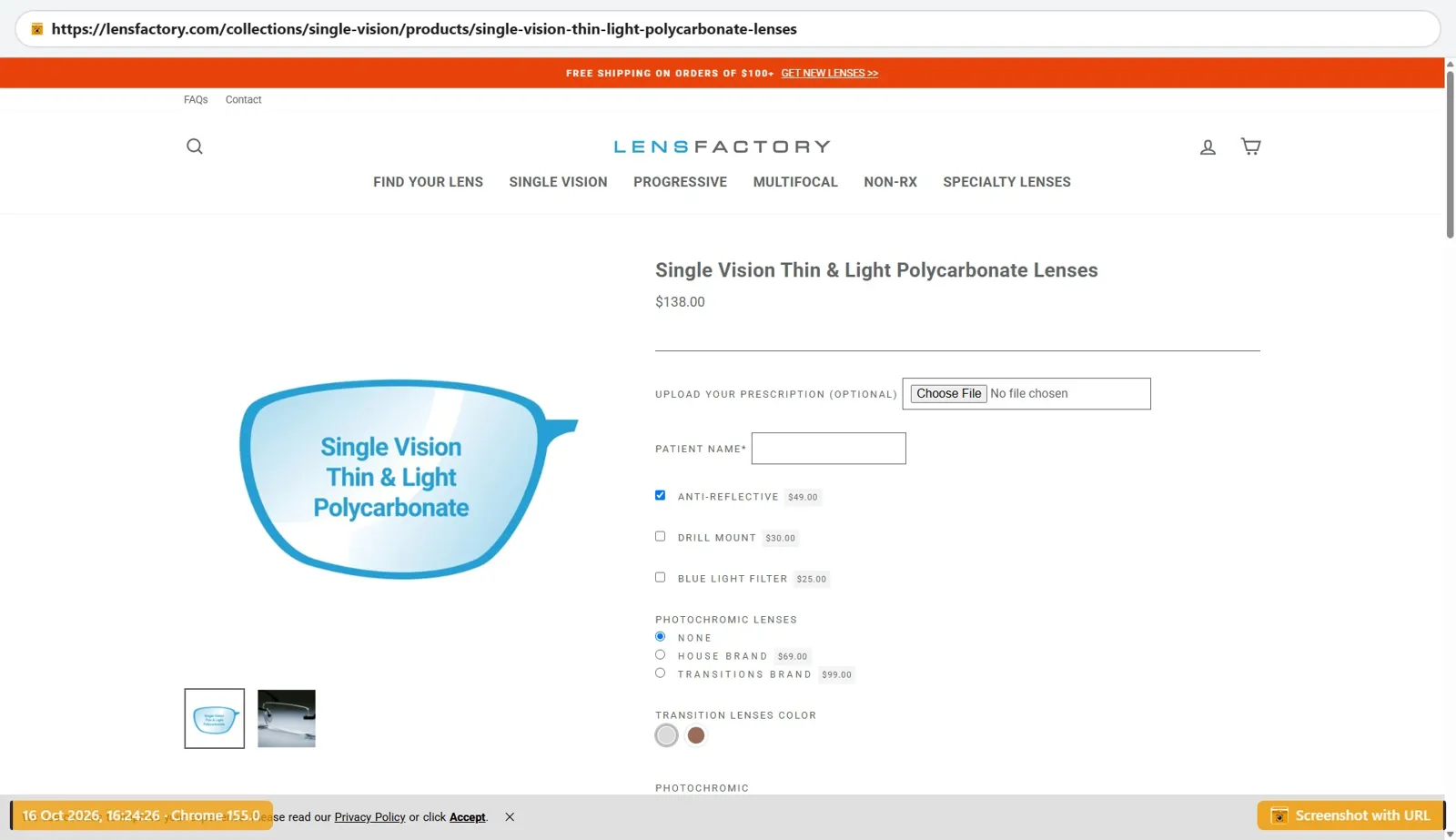 Lens Factory polycarbonate product page showing frame and coating selections