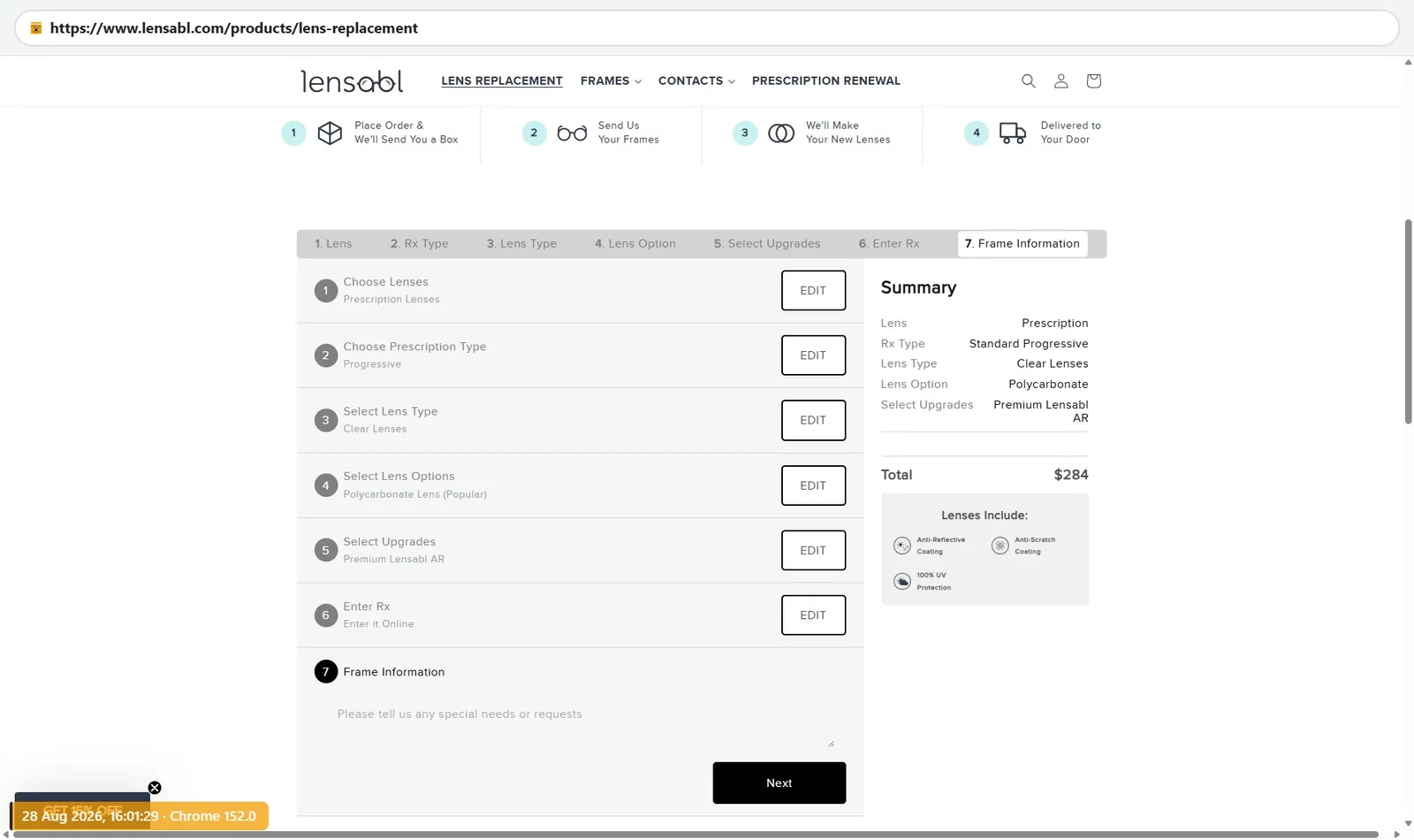 Lensabl lens configurator for standard progressive polycarbonate with Premium Lensabl AR, total $284