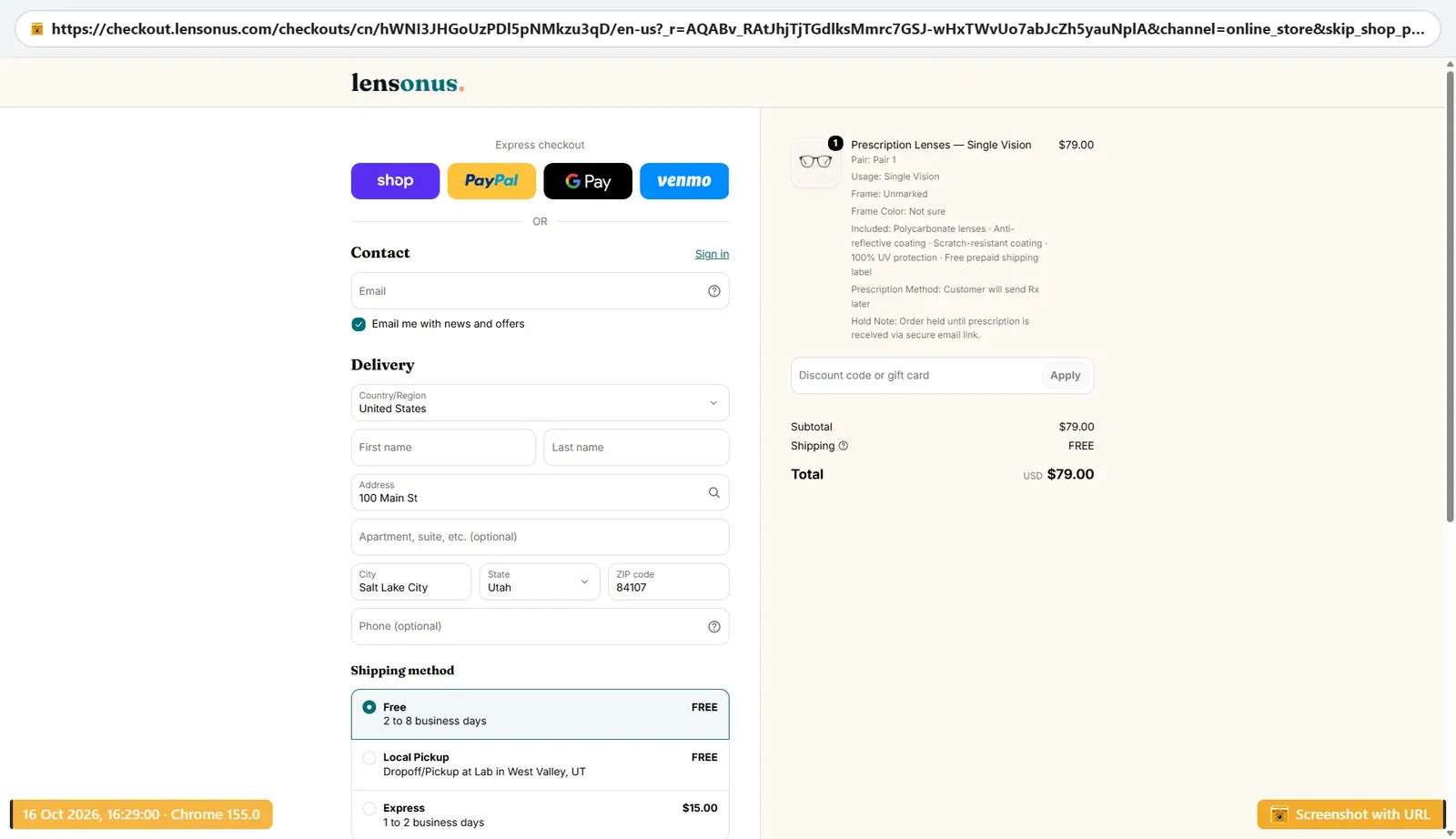 LensOnUs checkout showing $79.00 subtotal, free shipping and $79.00 total for single vision prescription lenses