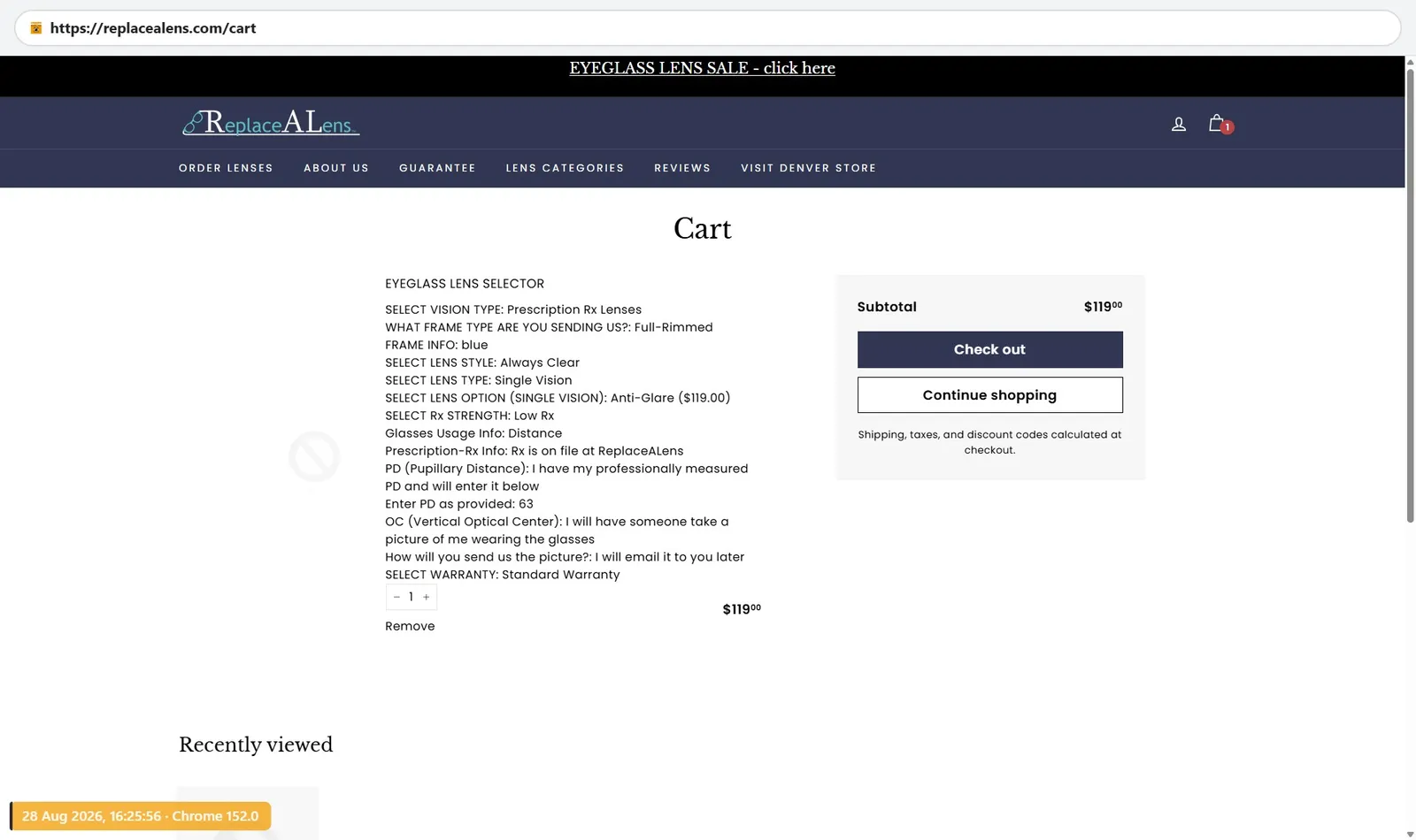ReplaceALens cart for single vision lenses with anti-glare, $119, prescription on file at ReplaceALens