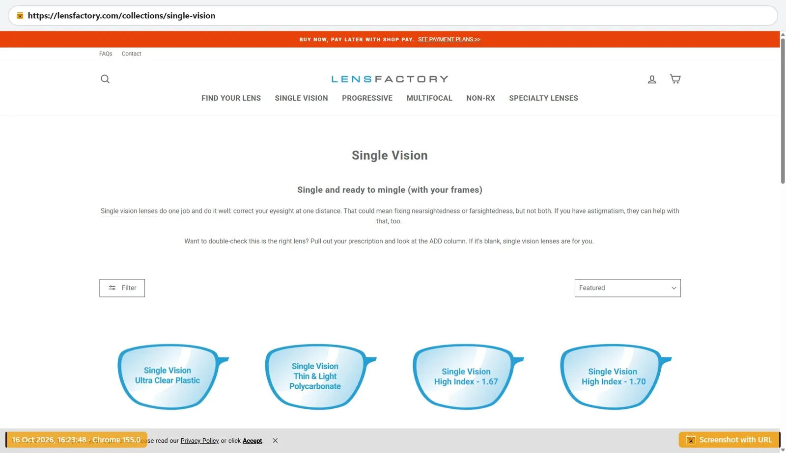 Lens Factory single vision collection with different lens material choices