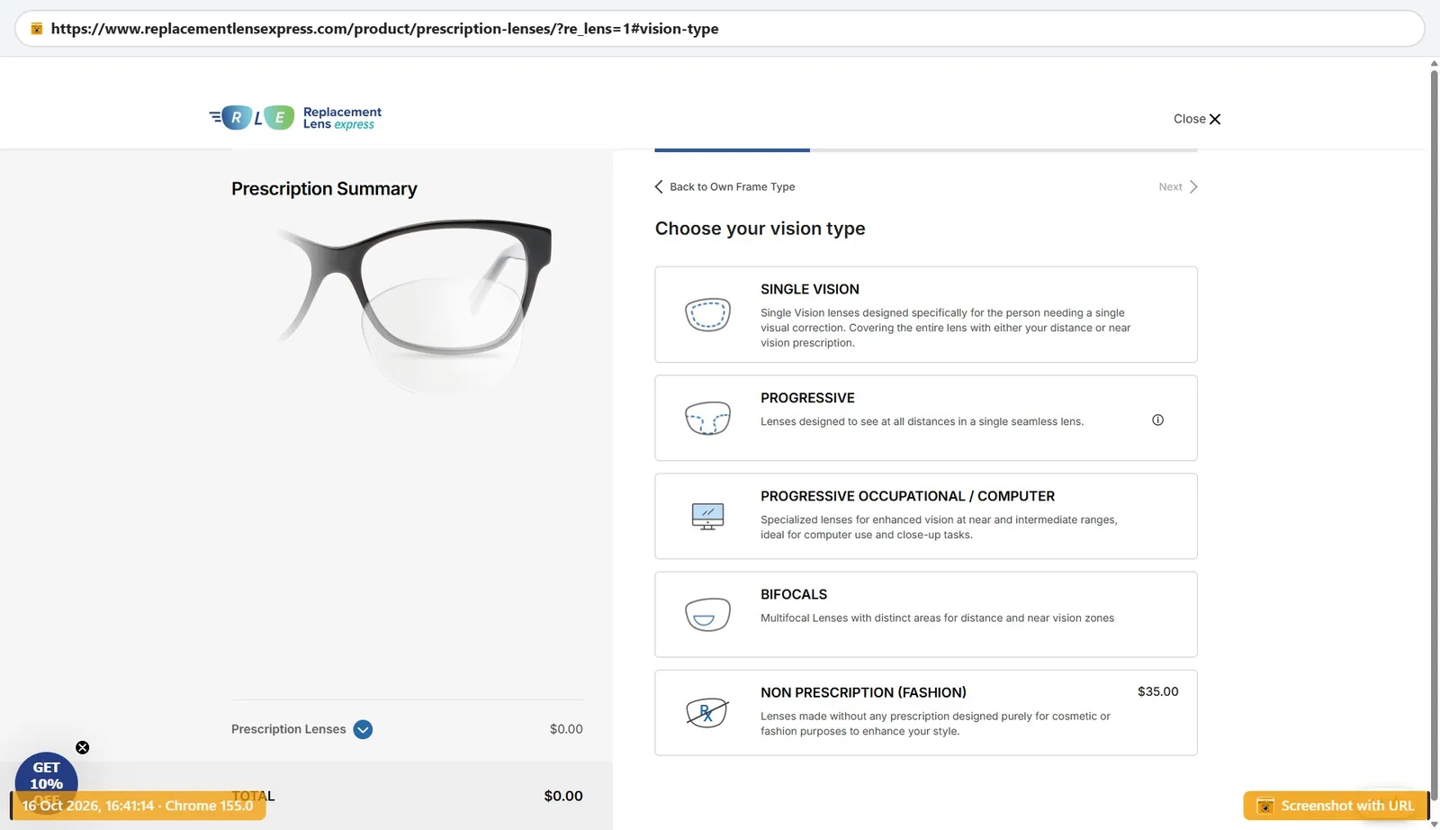 Replacement Lens Express configurator choosing vision type among single vision, progressive, occupational, bifocal and non-prescription