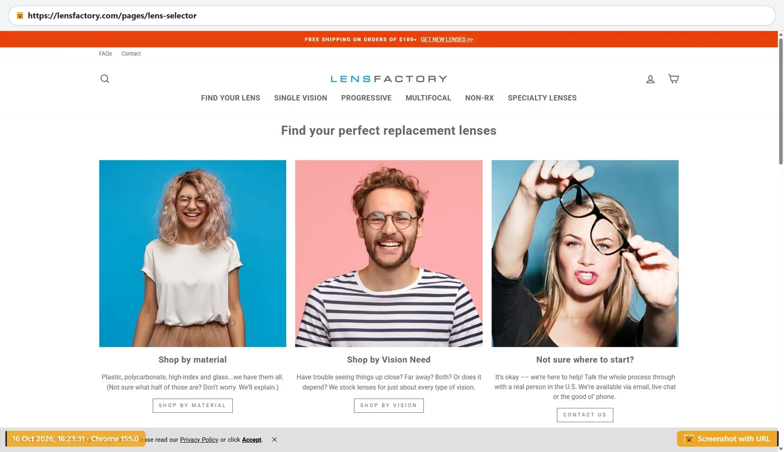 Lens Factory selector offering shopping by lens material, frame brand, or lens use