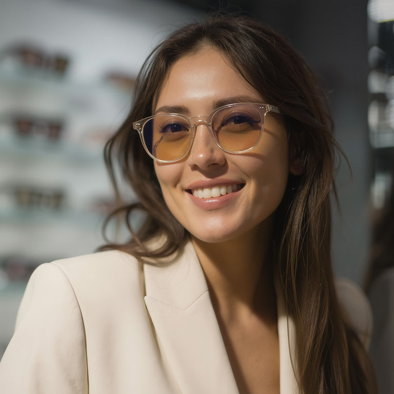Woman wearing Avulux migraine and light sensitivity glasses
