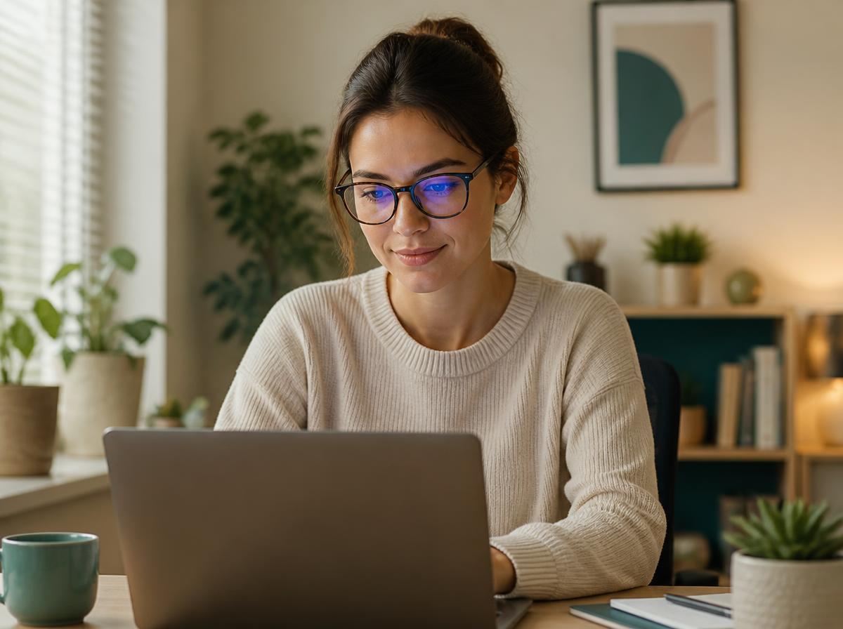 Person wearing blue light filter glasses while working on a laptop