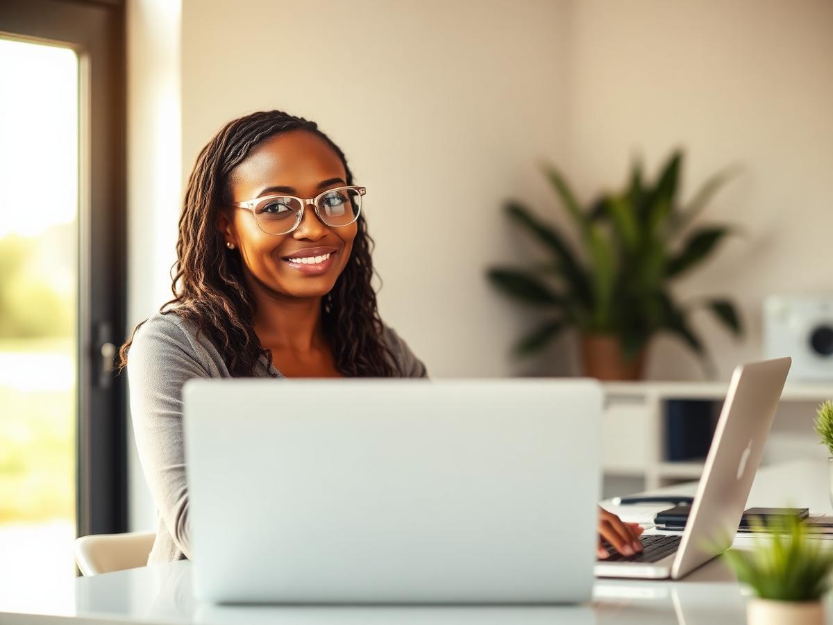 Woman wearing blue light filter lenses in her own frames while working at a laptop