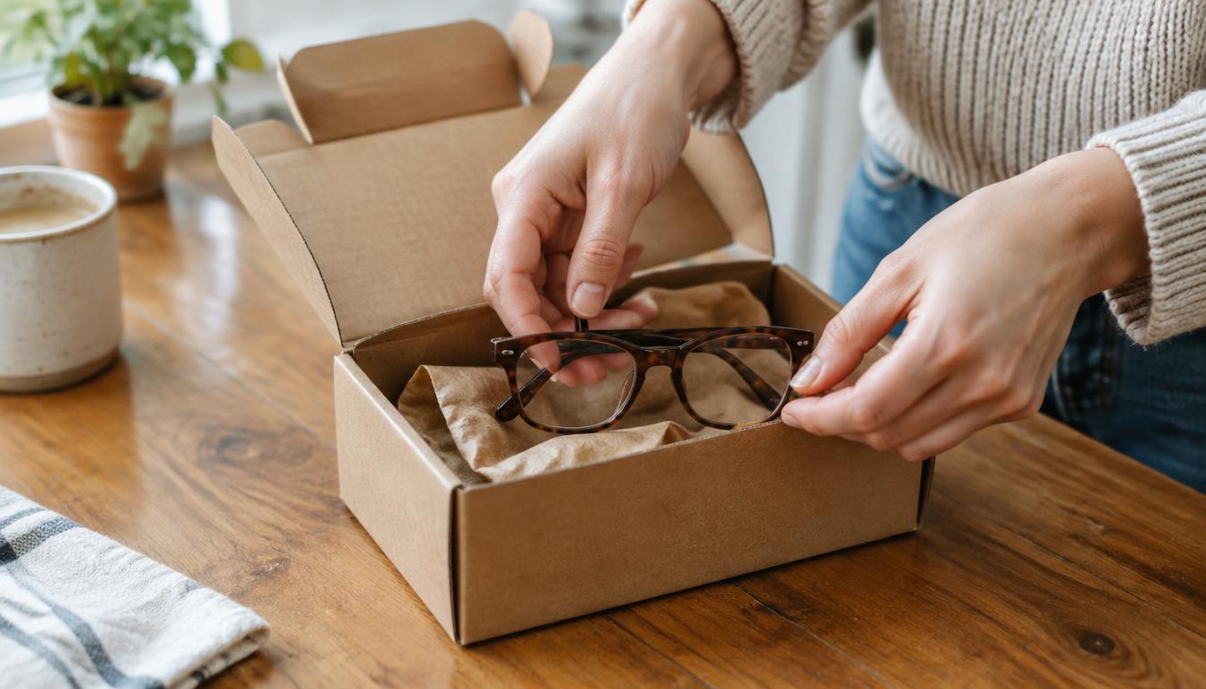 Close-up of tortoiseshell eyeglasses being placed into an open shipping box to send in for new prescription lenses