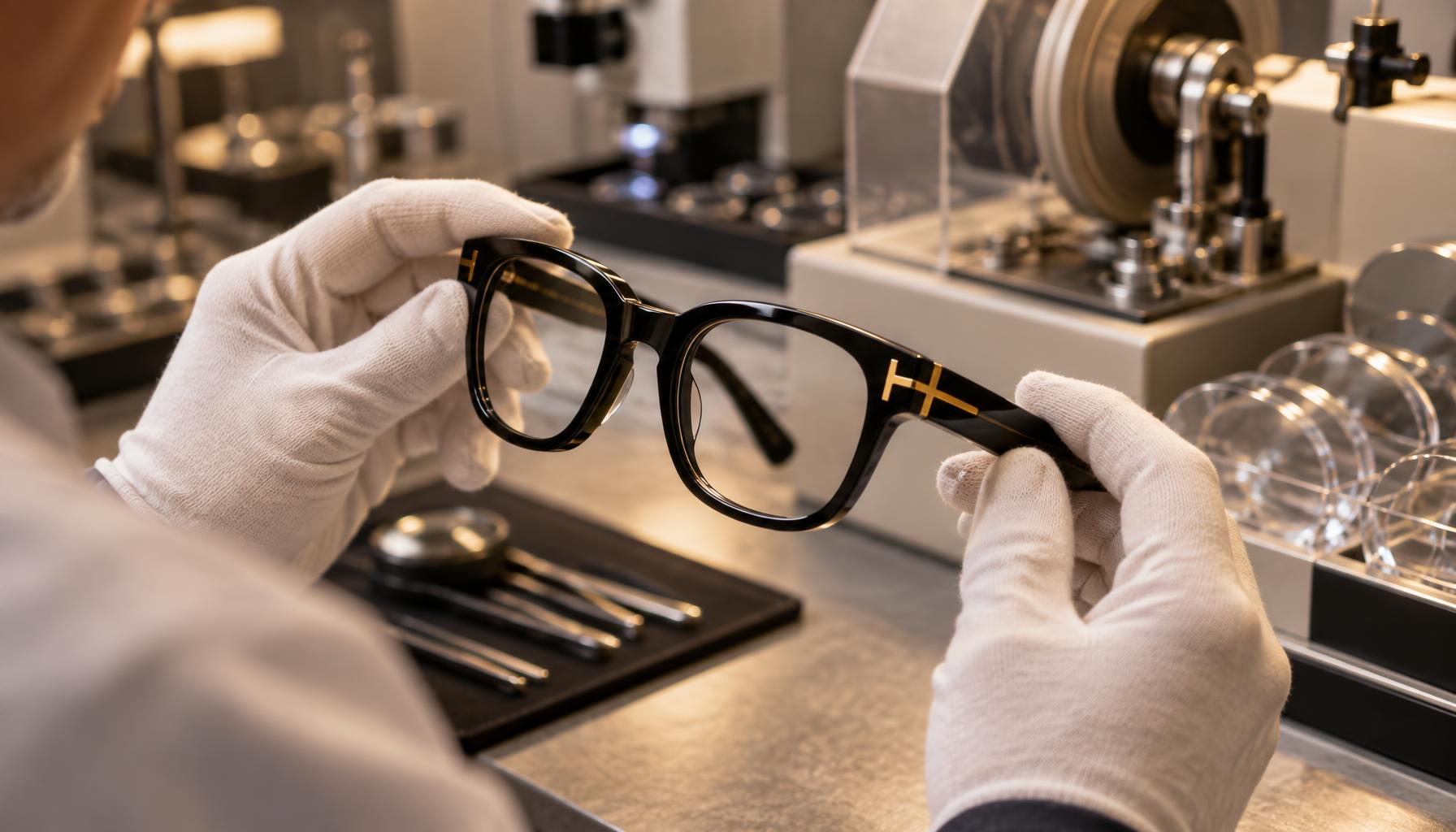 A lab optician in white gloves inspecting a black acetate frame with its gold T hinge