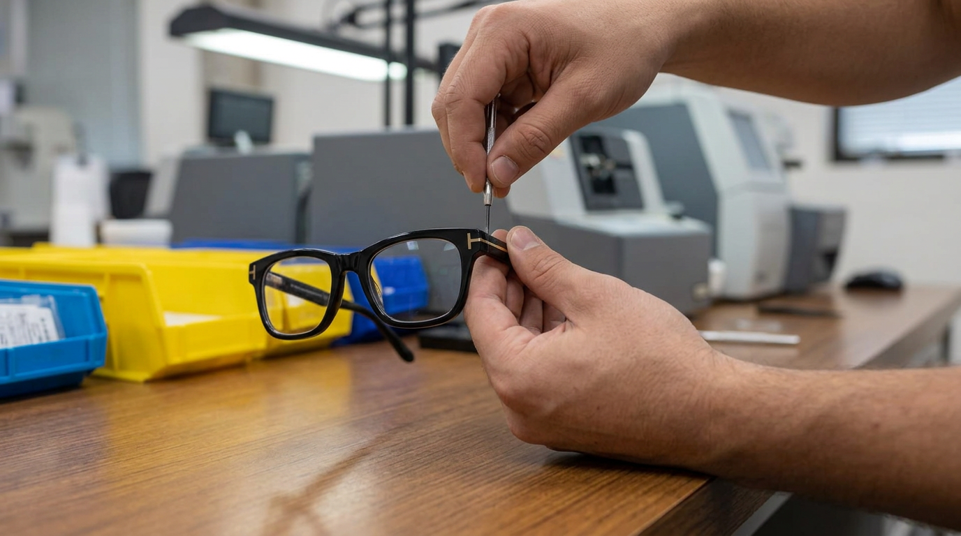 Bare hands adjusting a black acetate frame with a gold T hinge at an optical lab workbench with colorful job trays