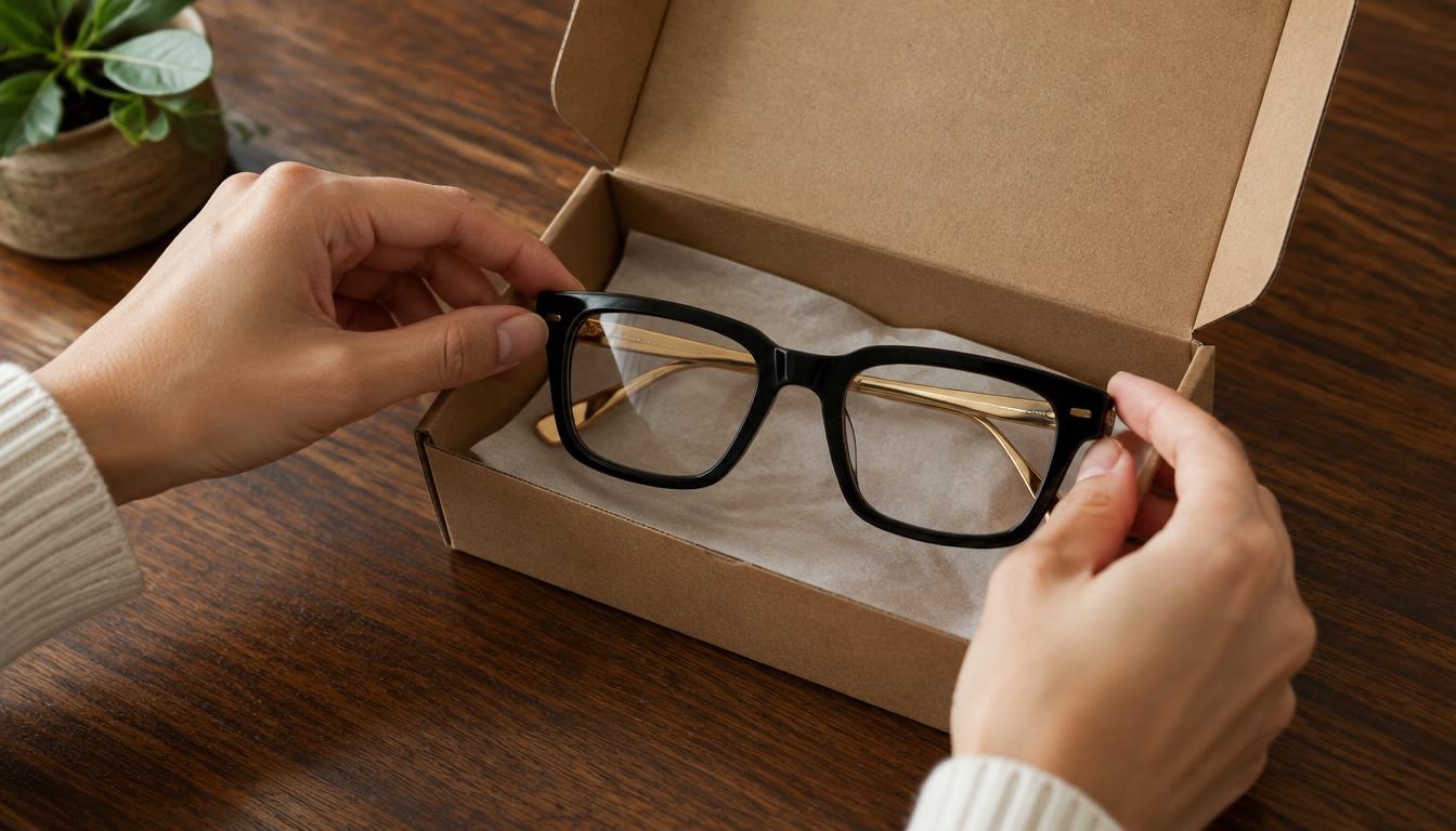 Close-up of black eyeglasses with gold temples being placed into an open shipping box to send in for new prescription lenses