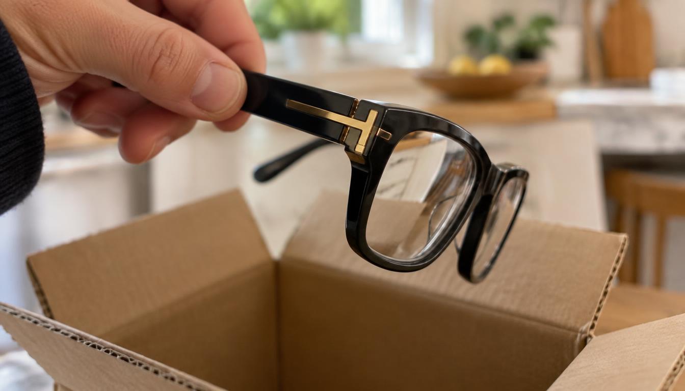 Close-up of a Tom Ford frame with its signature gold T hinge being lowered into an open shipping box to send in for new prescription lenses