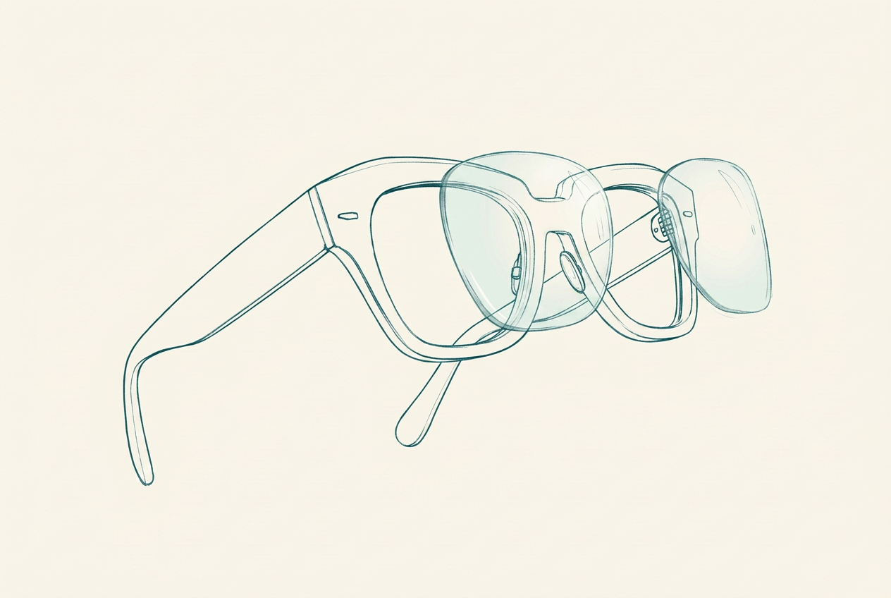 Clear replacement lenses drifting out from a frame and back in, showing that the frame stays the same while the lens is replaced