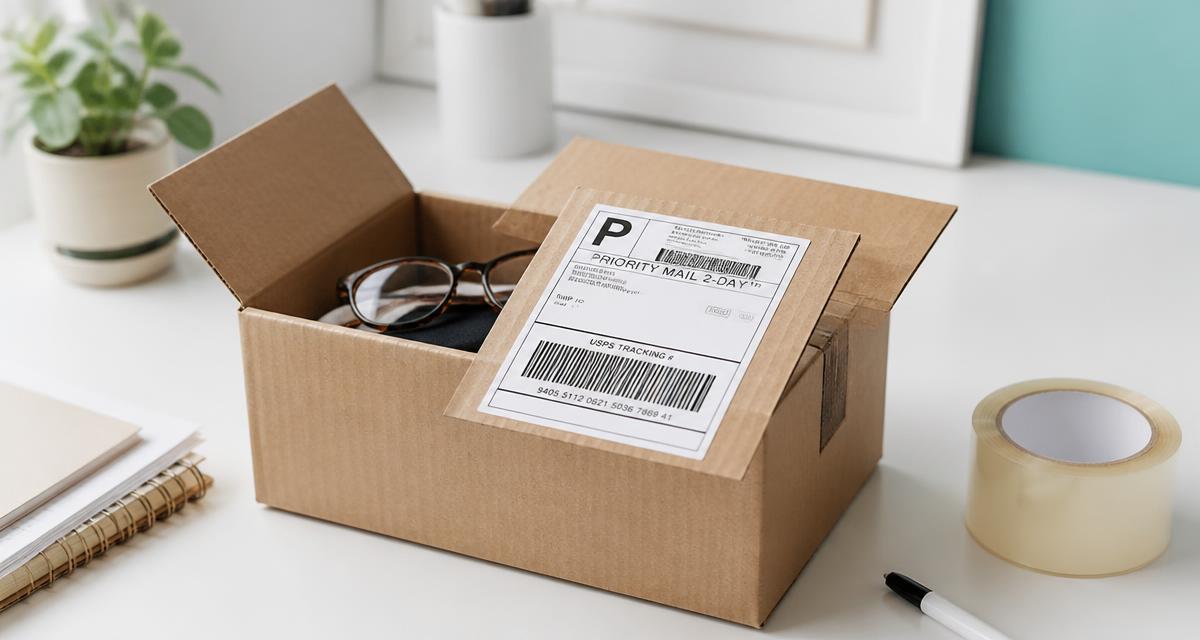 Eyeglass frames packed in a small shipping box with a prepaid insured label