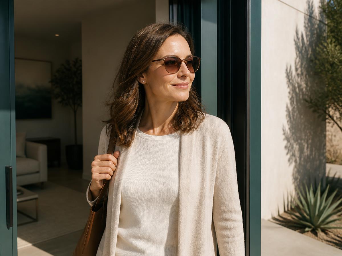 Person wearing photochromic glasses stepping from indoors into bright sunlight
