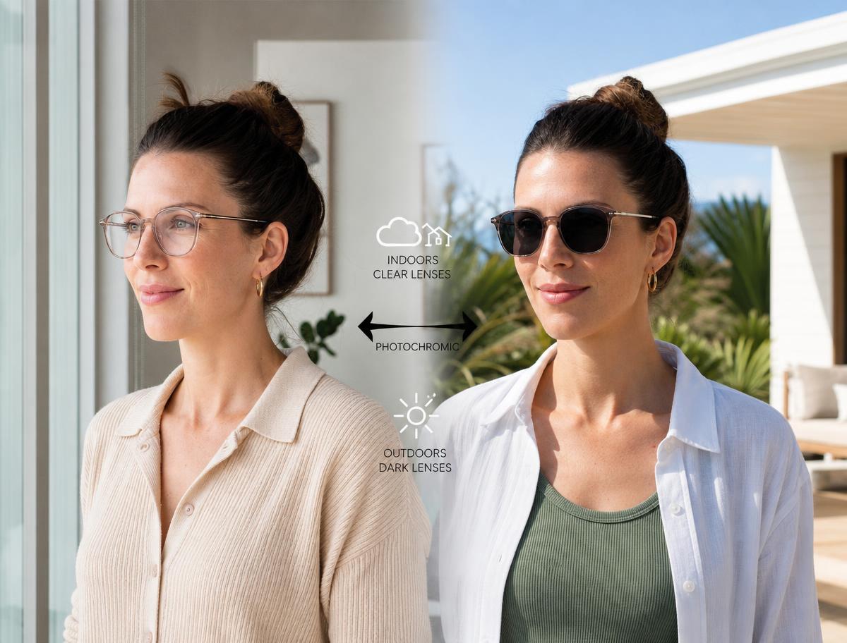 Split comparison showing the same woman with clear photochromic lenses indoors and darkened photochromic lenses outdoors