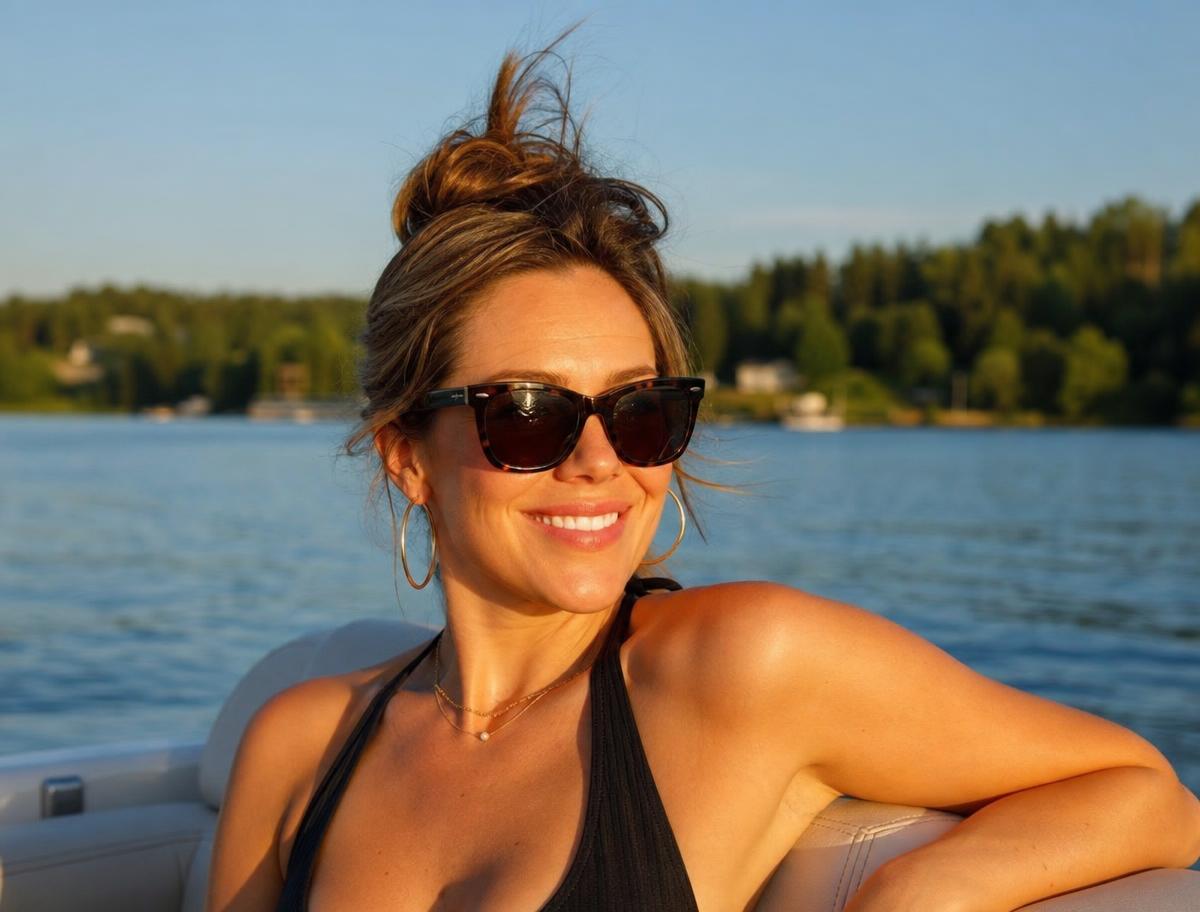 Smiling woman wearing polarized sunglasses on a boat at golden hour with a lake behind her