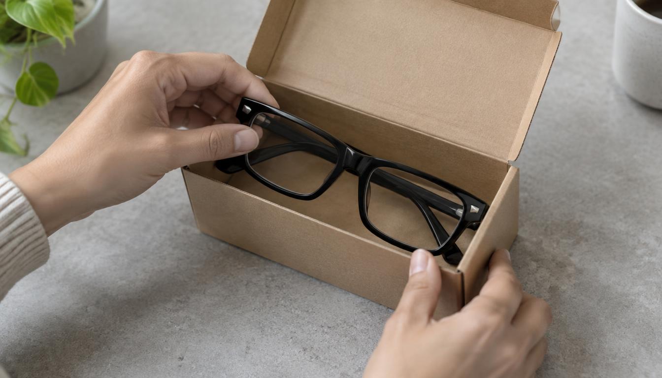 Close-up of black rectangular eyeglasses being placed into an open shipping box to send in for new prescription lenses